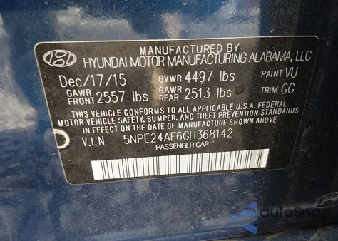 2016 Hyundai Sonata Se z USA, uszkodzony, nr VIN 5NPE24AF6GH368142